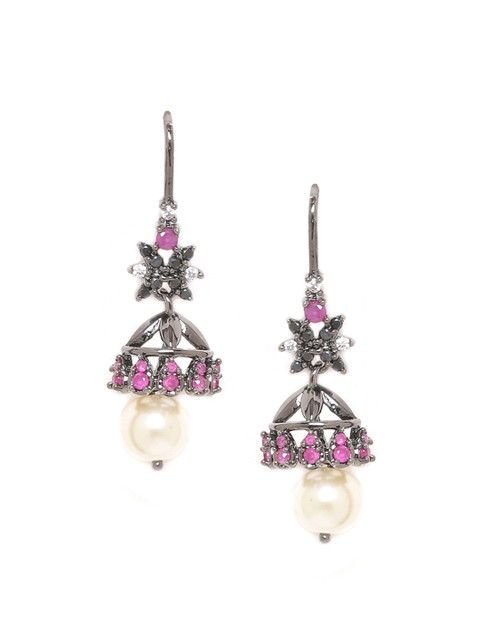 

Voylla Black & Pink Rhodium-Plated Contemporary Drop Earrings
