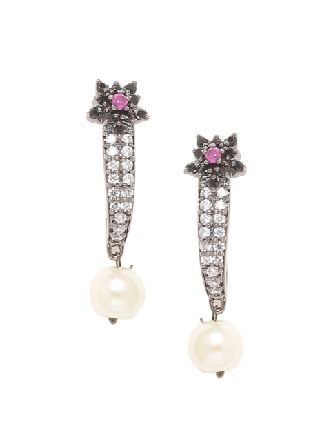 

Voylla Black & White Rhodium-Plated Contemporary Drop Earrings