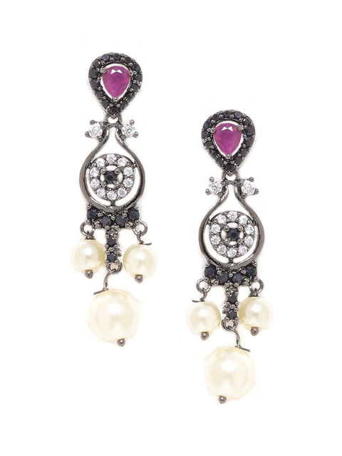 

Voylla Black & Purple Rhodium-Plated Contemporary Drop Earrings