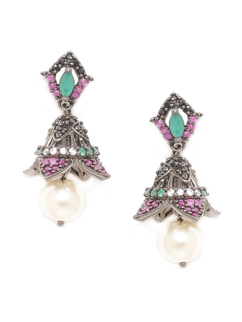 

Voylla Black & Pink Rhodium-Plated Floral Drop Earrings