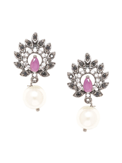 

Voylla Black & Purple Rhodium-Plated Contemporary Drop Earrings