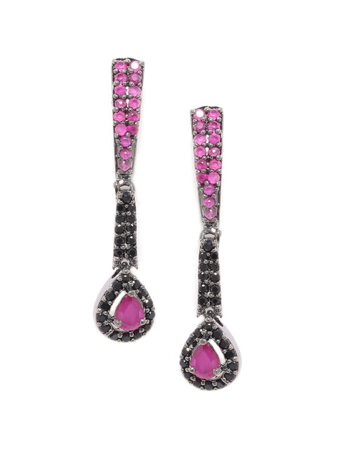 

Voylla Black & Pink Rhodium-Plated Contemporary Drop Earrings