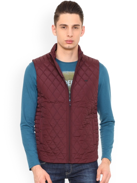 

Peter England Men Maroon Self Design Quilted Jacket