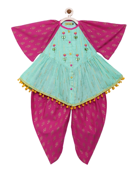 

Tiber Taber Girls Blue & Pink Embroidered Kurta with Dhoti Pants