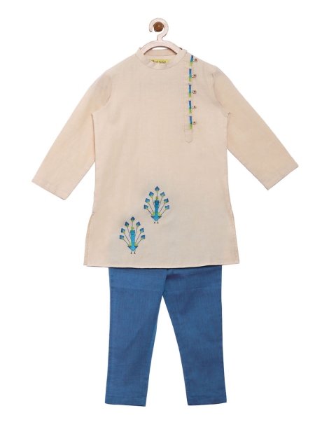 

Tiber Taber Boys Beige & Blue Embroidered Kurta with Pyjamas