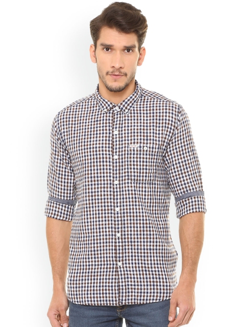 

People Men White & Navy Blue Regular Fit Checked Casual Shirt