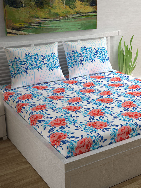 

Divine Casa White & Coral Floral Flat 144 TC Cotton Queen Bedsheet with 2 Pillow Covers