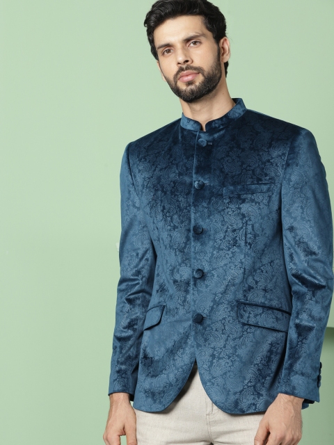 

House of Pataudi Men Blue Self Design Velvet Ethnic Bandhgala