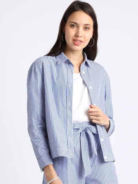 

Besiva Women Blue & White Regular Fit Striped Casual Shacket