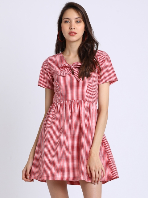 

Besiva Women Red & White Checked Fit and Flare Dress