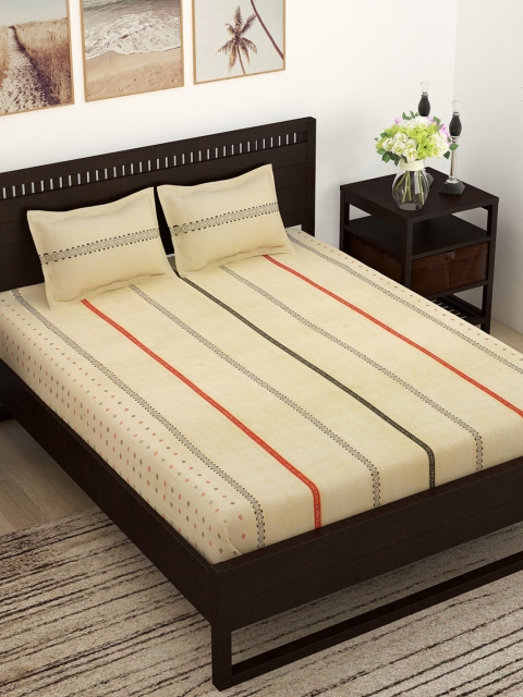 

Story@home Unisex Yellow Striped Flat 144 TC Cotton 1 Queen Bedsheet with 2 Pillow Covers