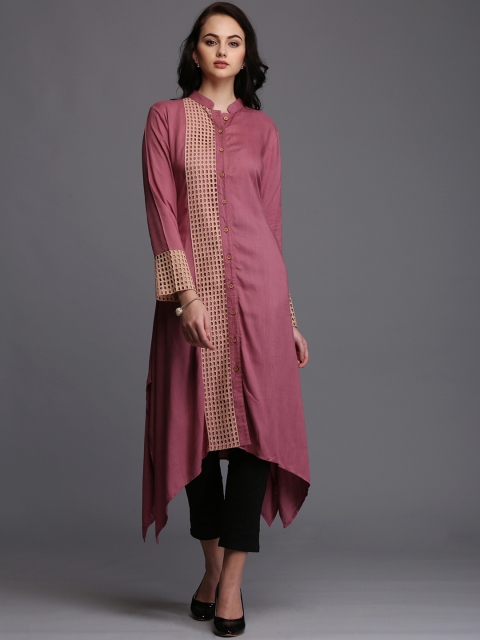 

Ojjasvi Women Pink & Beige Woven Design A-Line Kurta