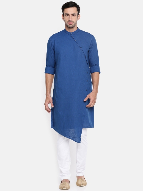 

The Indian Garage Co Men Blue & White Solid Asymmetrical Hem Kurta with Pyjamas
