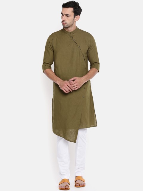 

The Indian Garage Co Men Olive Green & White Solid Kurta with Pyjamas