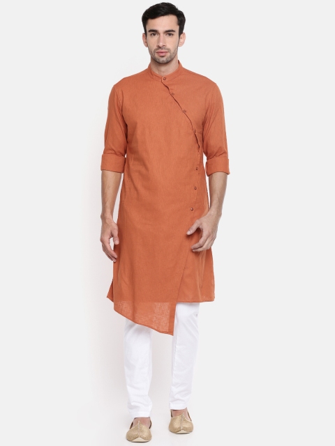 

The Indian Garage Co Men Orange & White Asymmetrical Hem Kurta with Pyjamas