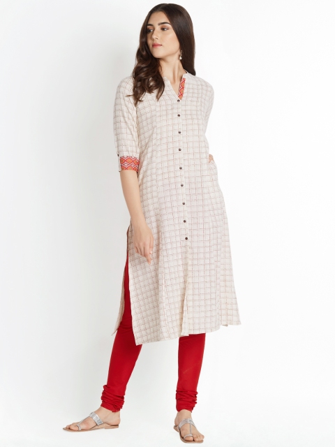 

RANGMANCH BY PANTALOONS Women Off-White & Red Checked Straight Kurta