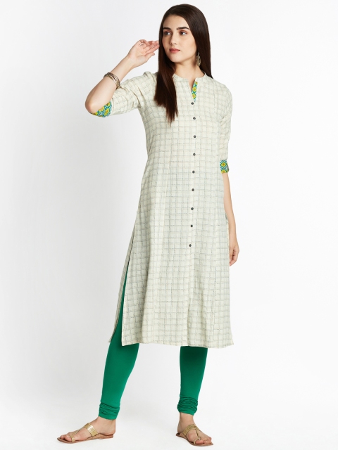 

RANGMANCH BY PANTALOONS Women Off-White & Green Printed A-Line Kurta