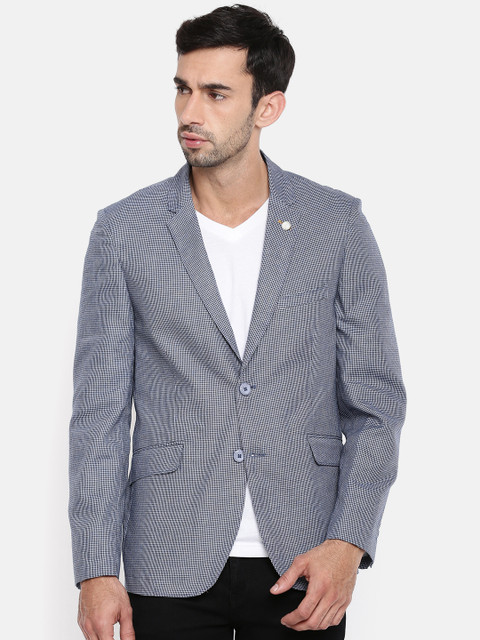 

The Indian Garage Co Navy Blue & Black Checked Single-Breasted Regular Fit Casual Pure Cotton Blazer
