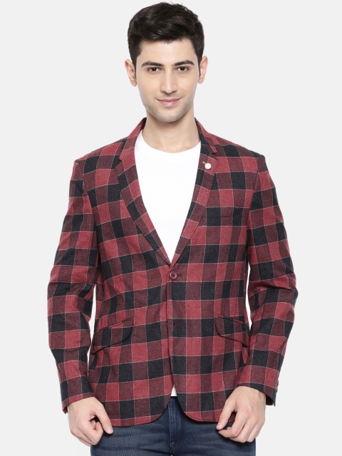

The Indian Garage Co Men Maroon & Black Checked Regular Fit Casual Single-Breasted Pure Cotton Blazer