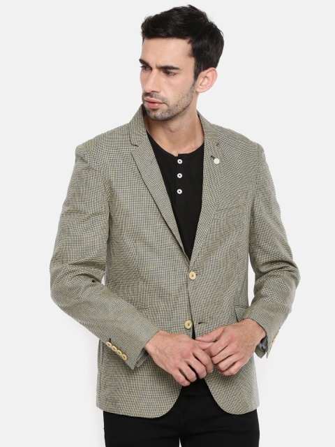 

The Indian Garage Co Men Yellow & Navy Blue Self Design Casual Single-Breasted Blazer