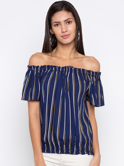 

Globus Women Navy Blue Striped Bardot Top