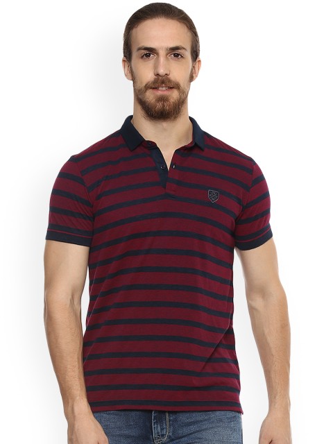

Mufti Men Maroon & Navy Striped Polo Collar T-shirt