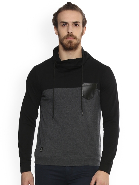 

Mufti Men Black and Grey Colourblocked Hood T-shirt