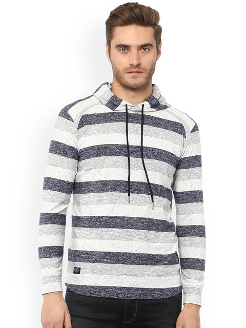 

Mufti Men Off-White and Navy Blue Striped Hood T-shirt