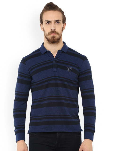 

Mufti Men Navy Blue & Blue Striped Polo Collar T-shirt