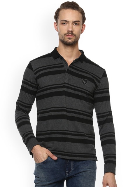 

Mufti Men Grey & Black Striped Polo Collar T-shirt