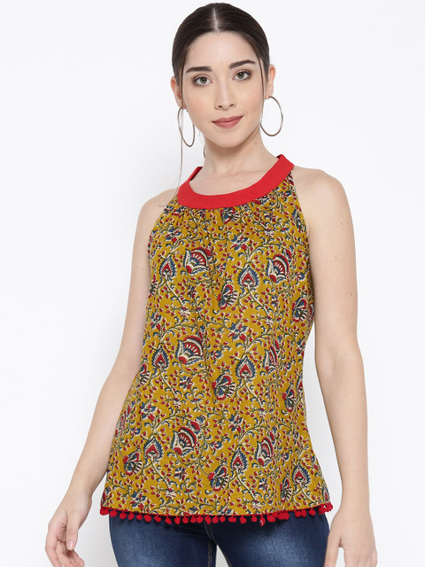 

Sringam Women Mustard Yellow Kalamkari Print Top