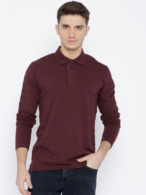 

John Players Men Burgundy Self-Striped Polo Collar T-shirt