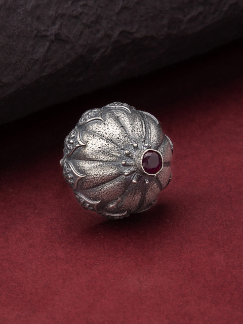 

Rubans Women Silver-Plated & Red Faux Ruby Embellished Dome-Shaped Cocktail RIng