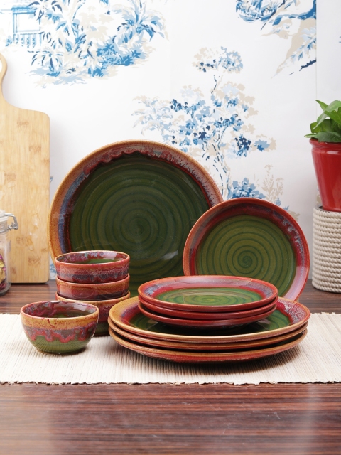 

VarEesha Set of 12 Green & Pink Printed Ceramic Dinner Plates & Bowls