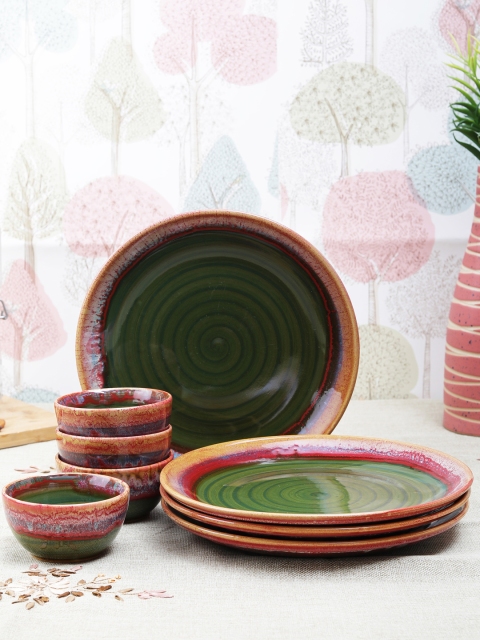 

VarEesha Set of 8 Green & Pink Printed Ceramic Dinner Plates & Bowls