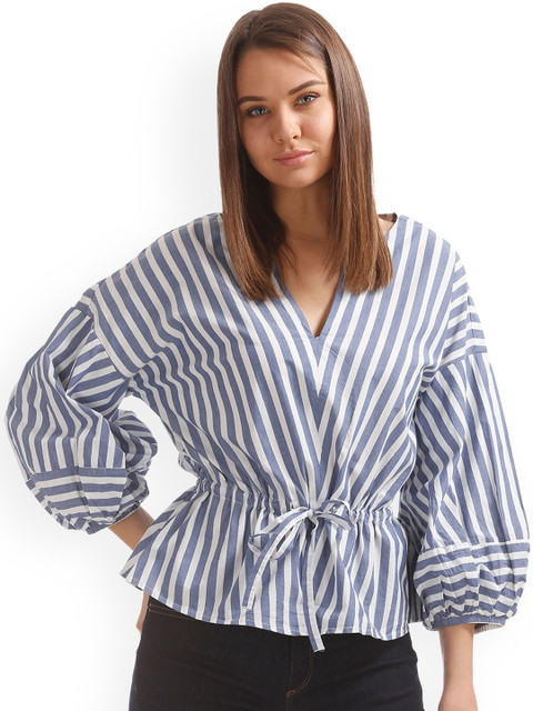

GAP Women Blue and White Stripe Balloon Sleeve Top