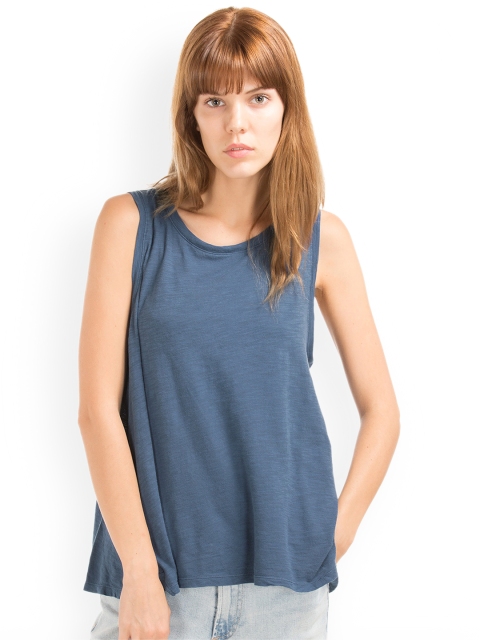 

GAP Women Blue Cotton Slub Swing Top