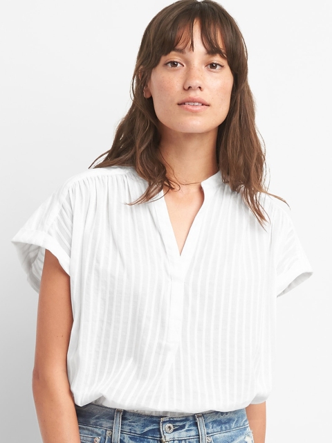 

GAP Women White Self-Striped Short Sleeve Popover Top
