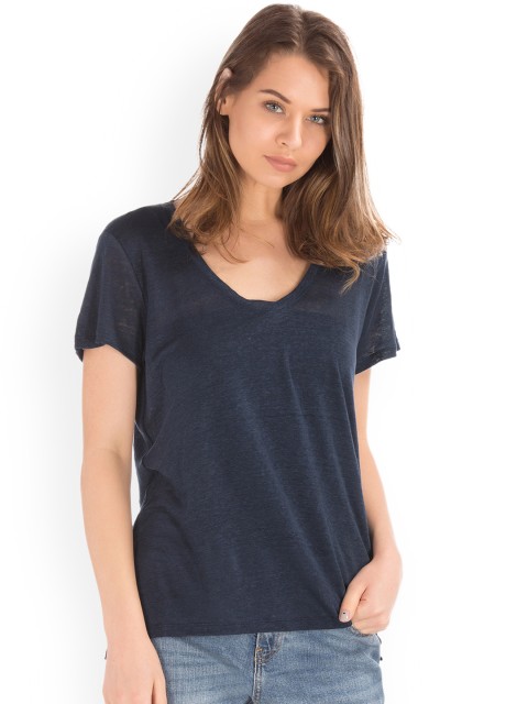 

GAP Women Navy Blue Linen V-Neck Top