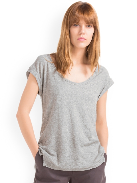 

GAP Women Grey Slub Roll Sleeve Pure Cotton Top