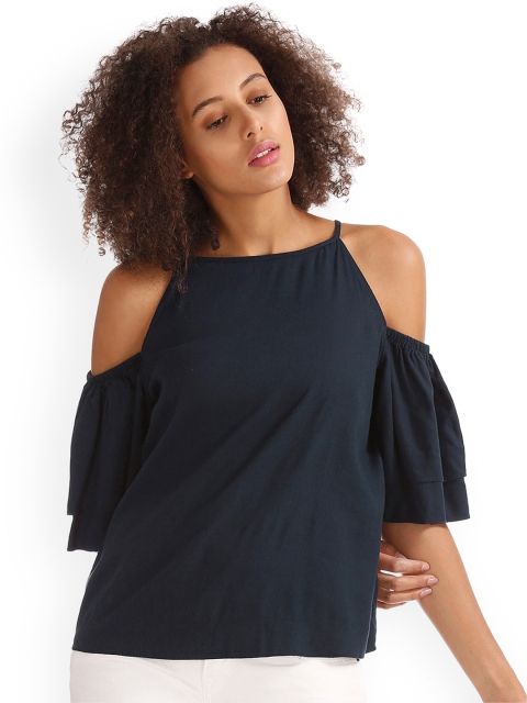 

GAP Women Navy Blue Cold Shoulder Ruffle Sleeve Top