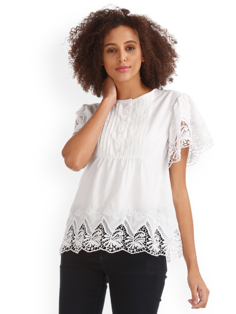 

GAP Women White Ruffle Sleeve Eyelet Embroidered Top