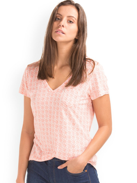

GAP Women Orange Vintage Wash Print V-Neck Pure Cotton Top