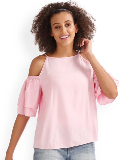 

GAP Women Pink Cold Shoulder Ruffle Sleeve Top