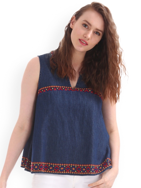 

GAP Blue Embroidered Denim Pure Cotton Top