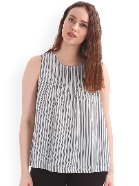 

GAP Women Black & Off-White Striped Pintuck A-Line Top