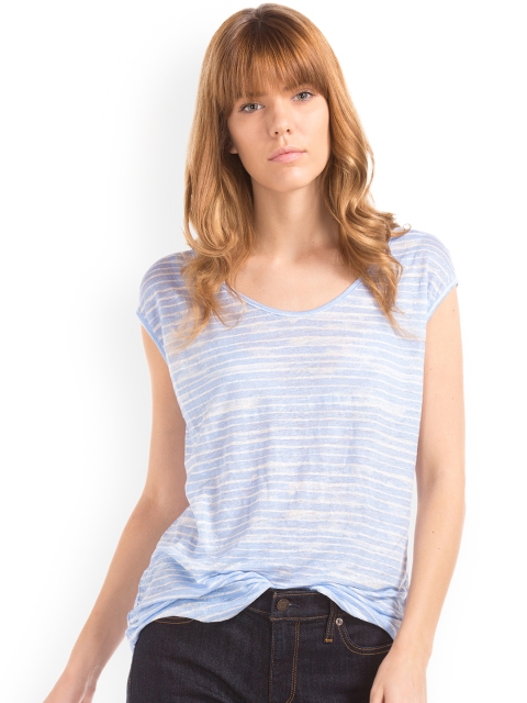 

GAP Women Blue Linen Cap Sleeve Wavy Stripe Top