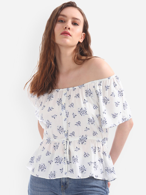 

GAP Women White Floral Print Off Shoulder Waist Tieup Top