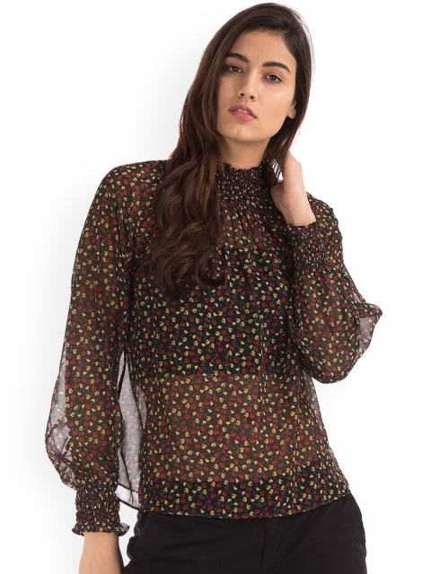 

GAP Women Black Floral Print Smocked Mock Neck Top