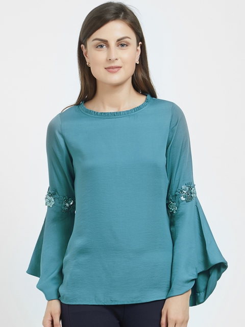 

Soie Women Teal Blue Solid Top with Embellishment